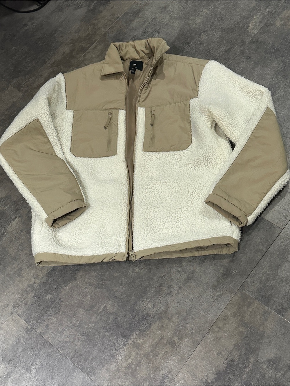 H&M Cream Sherpa Puffer Jacket with Tan Panels